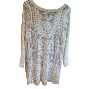Lace Mini Dress Tunic Women's XL Ivory Cotton Sheer Boho Cover Up